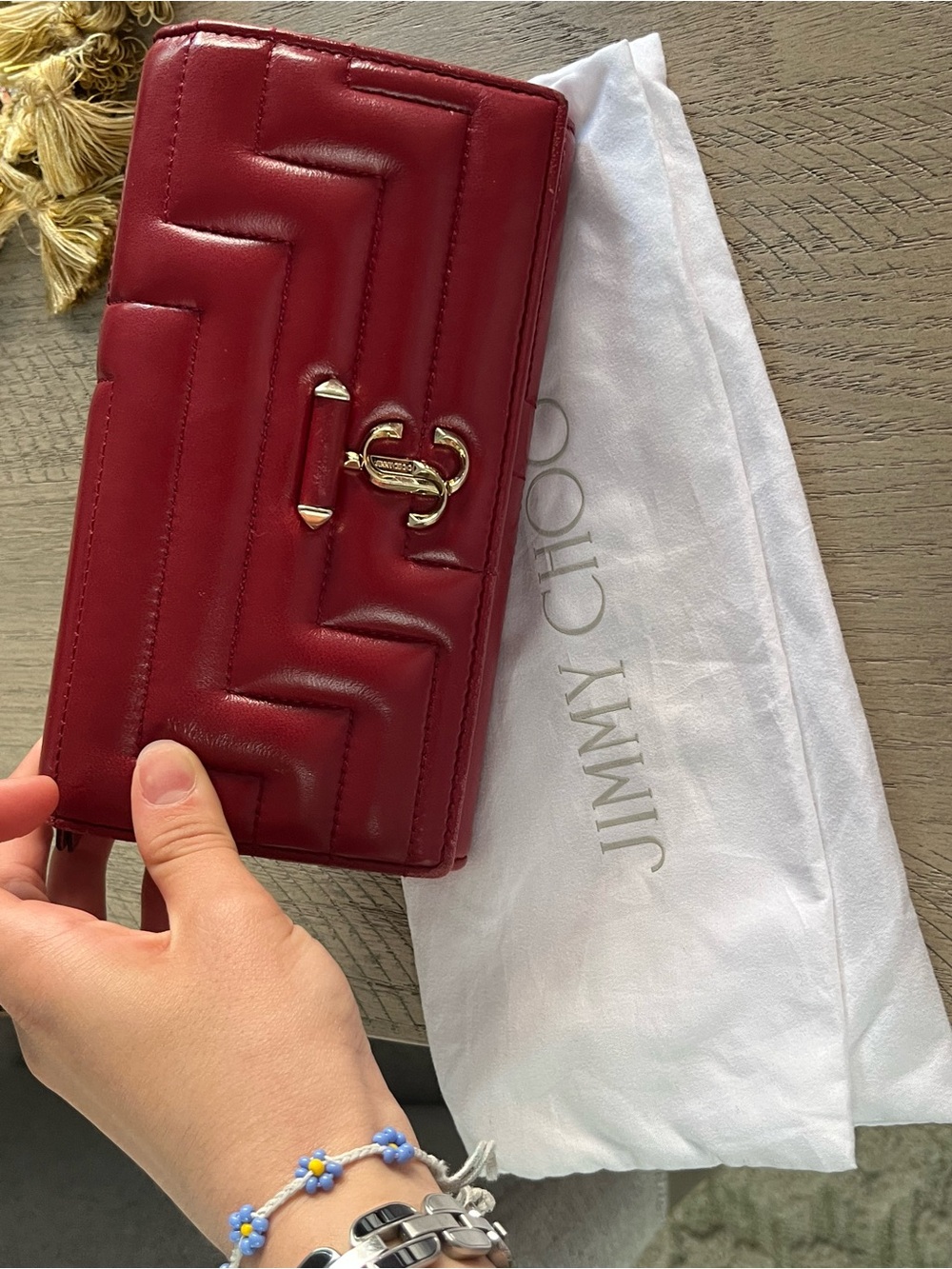 Jimmy Choo Burgundy Quilted Leather Wallet with Gold Accent